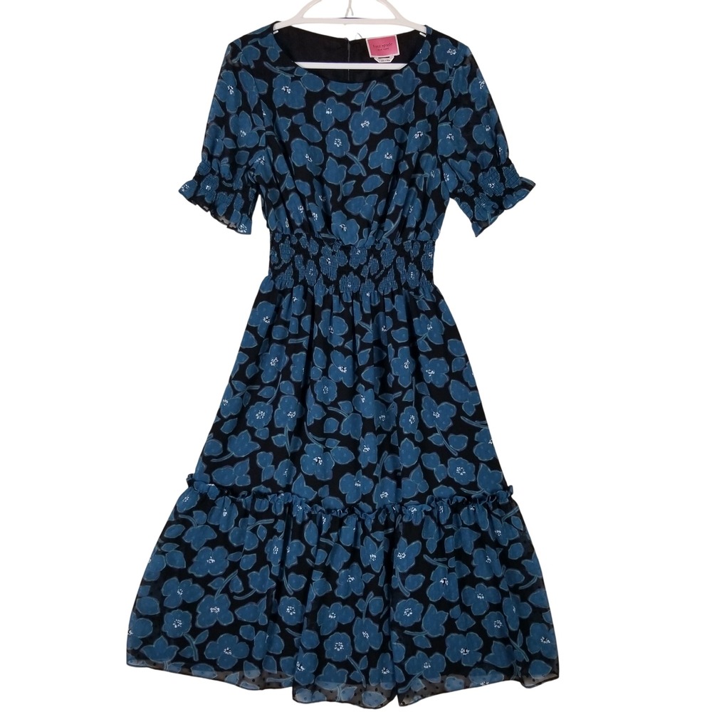Kate Spade Floral Midi Dress Womens Large Blue Smocked Waist Clip Dot Ruffle